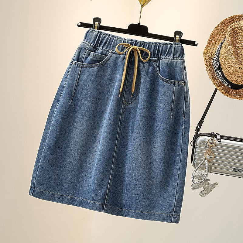 Plus Size Fashion Bottoms Elastic Waist Lace-Up Blue Jeans Summer Casual Streetwear Pockets Short Skirt