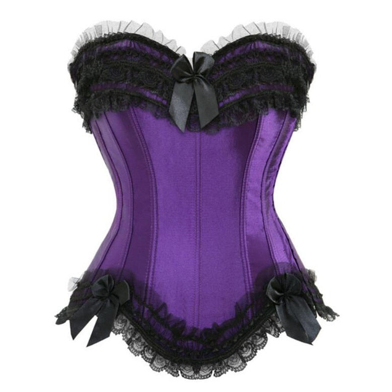 Satin Lace Overlay Corset Bustier Overbust Burlesque Corselet Top Bodyshaper Lingerie