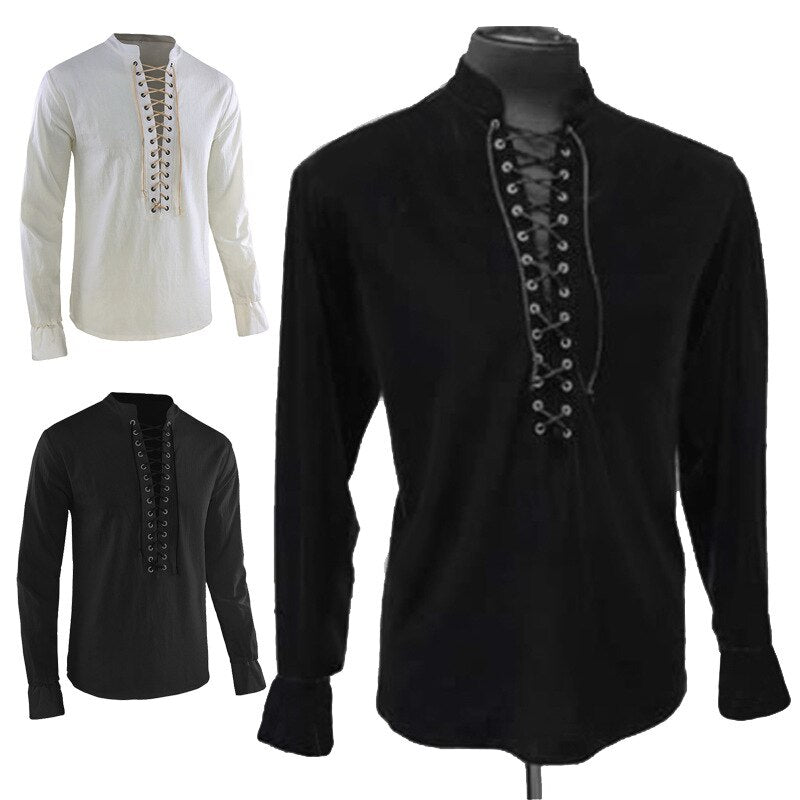 Man Retro Medieval Pirate Viking Cosplay Shirt Vintage Casual