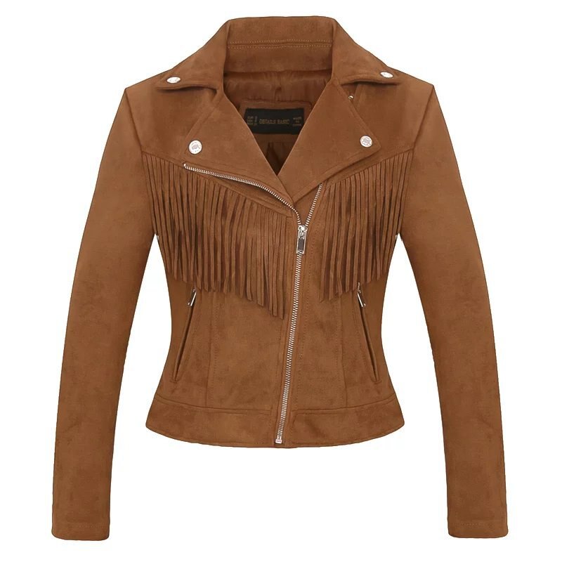Fringe Faux Suede Jacket Women& Motorcycle Lapel Handsome Jacket Fall