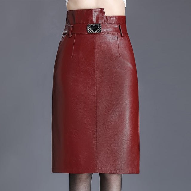 Back Slit High Waist Streetwear Straight Skirt Knee-Length Pocket PU Skirt