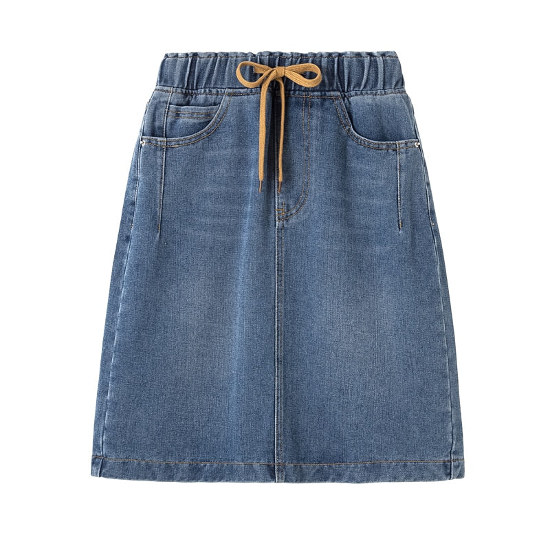 Plus Size Fashion Bottoms Elastic Waist Lace-Up Blue Jeans Summer Casual Streetwear Pockets Short Skirt