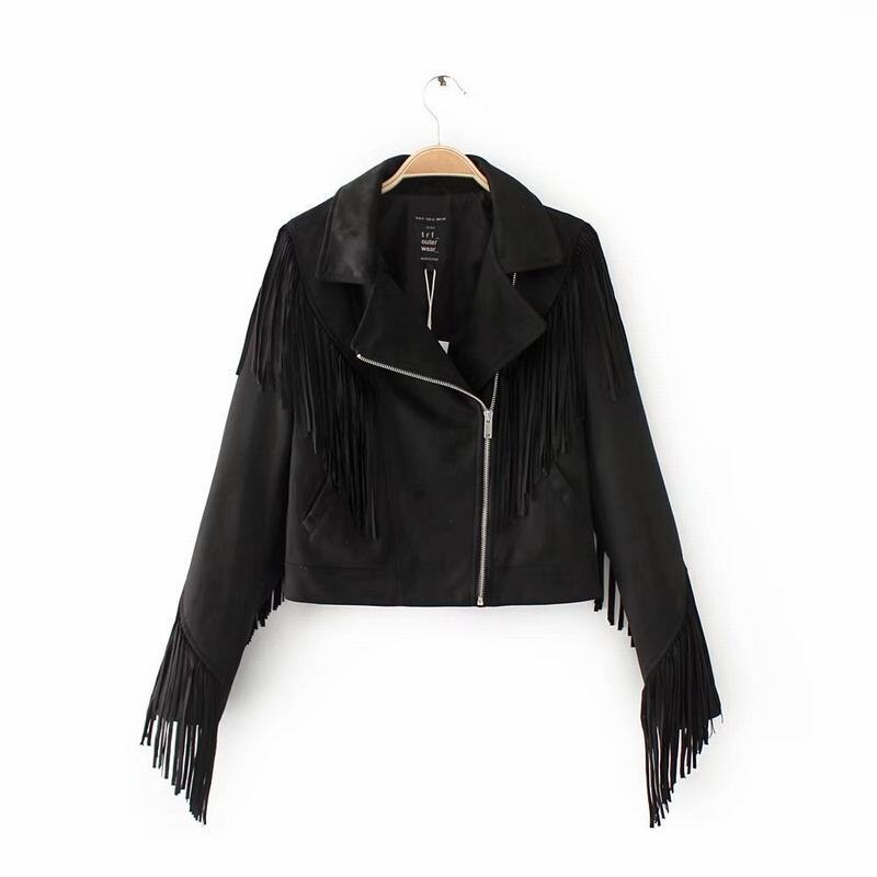 Fringe Faux Suede Jacket Women& Motorcycle Lapel Handsome Jacket Fall