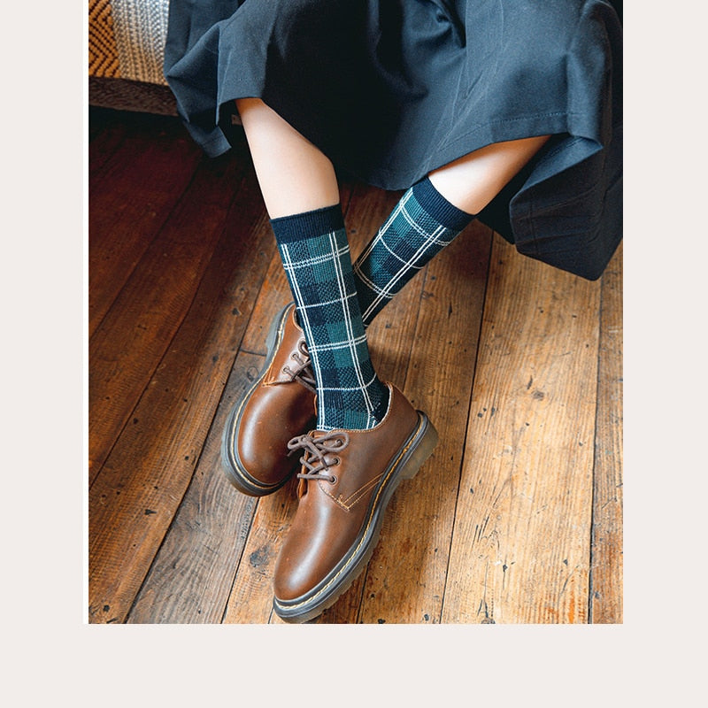 Cotton Socks Style Retro Stack Socks Thousand Bird Tartan Style Preppy Fashion Sen Department Mid-tube