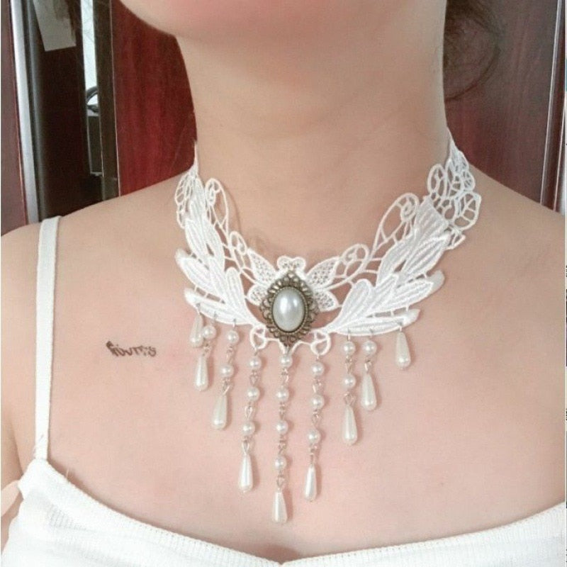 Gothic Classic Charm Fashion White Collar Women Lace Collar Handmade Velvet Lace Vintage Choker Necklace