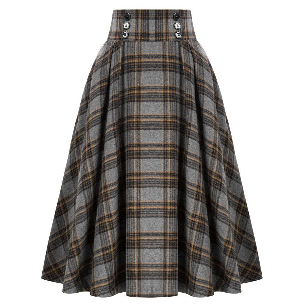Plaided Skirt High Waist Buttons Decorated Flared A-Line With Open Side-seam Pockets Flared A-Line Silhou