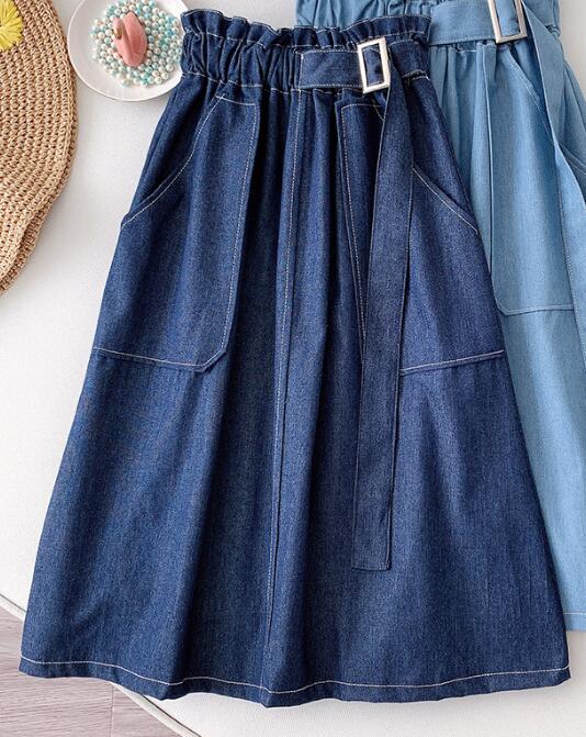 Denim Skirt Women High Waist Midi Jean Skirt A Line with Belt Street Casual Summer Clothing Blue Faldas