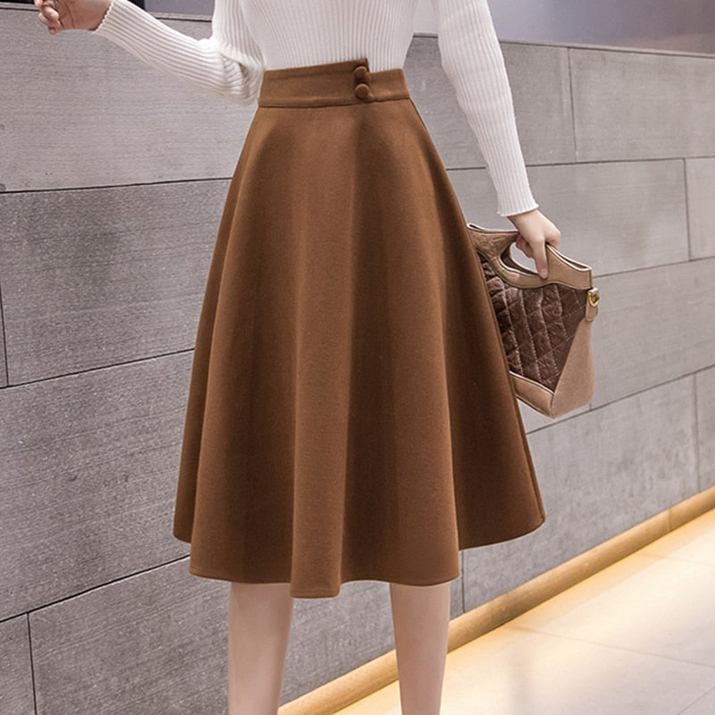 Skirt High Waist Two Button Solid Elegant Mid Woolen Skirts