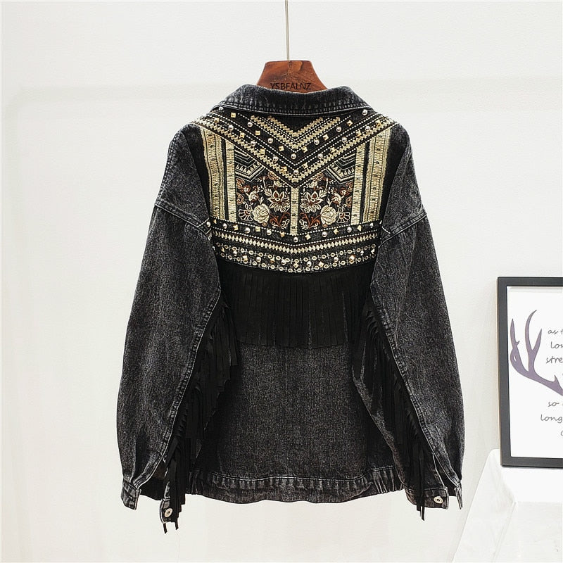 Denim Jacket Floral Embroidery Suede Fringe Loose Chaquetas Mujer Coat