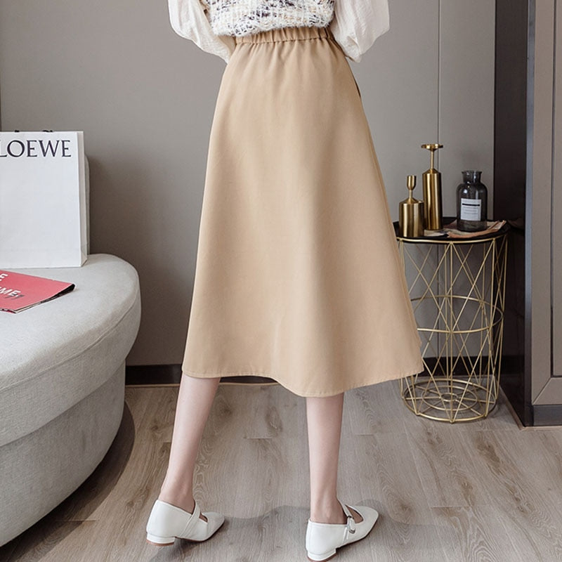 Summer Elastic High Waist Office Lady A-Line Midi Skirt Femme