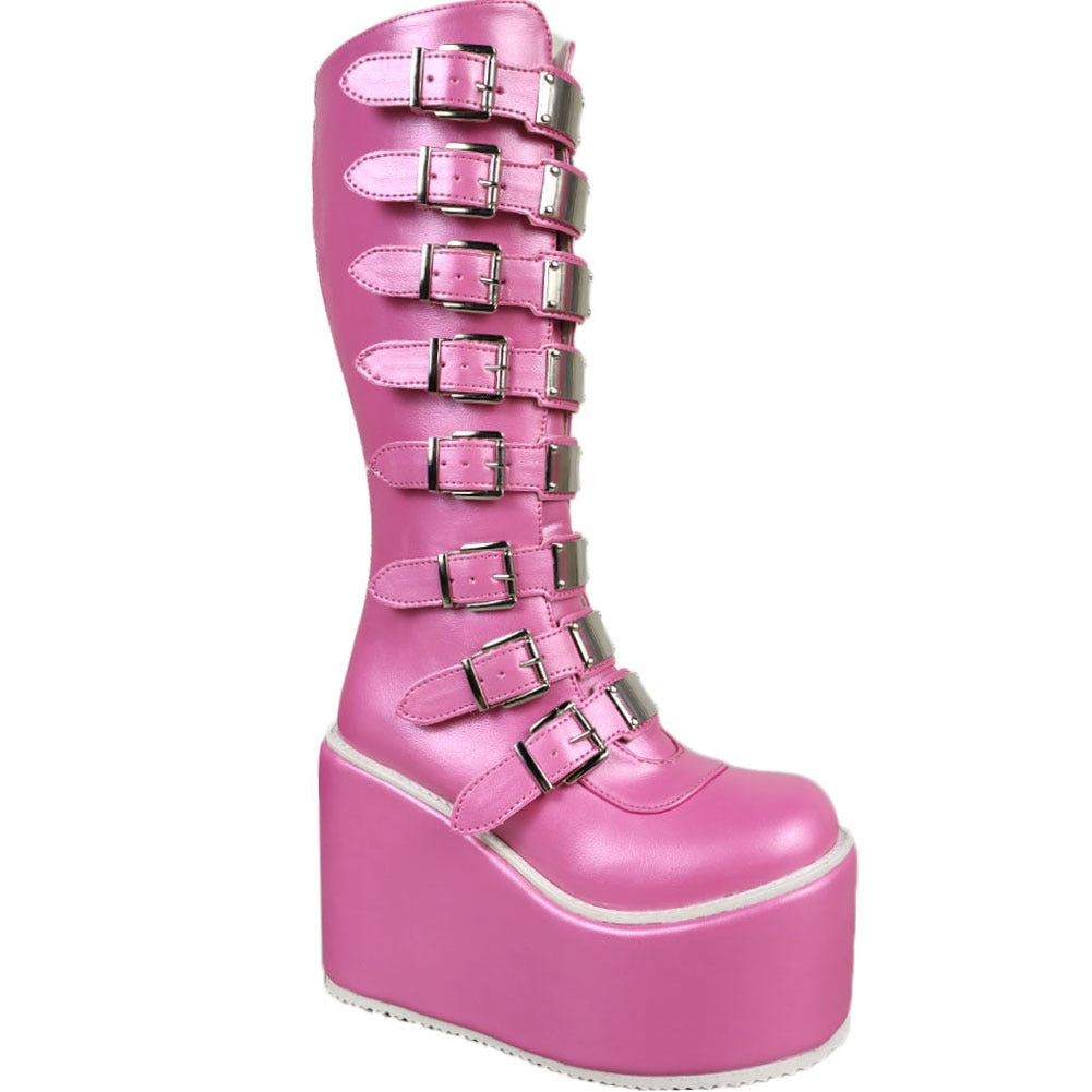 Gothic Vampire Halloween Cosplay Punk Buckle Street Platform Wedge High Heel Boots Women Shoes