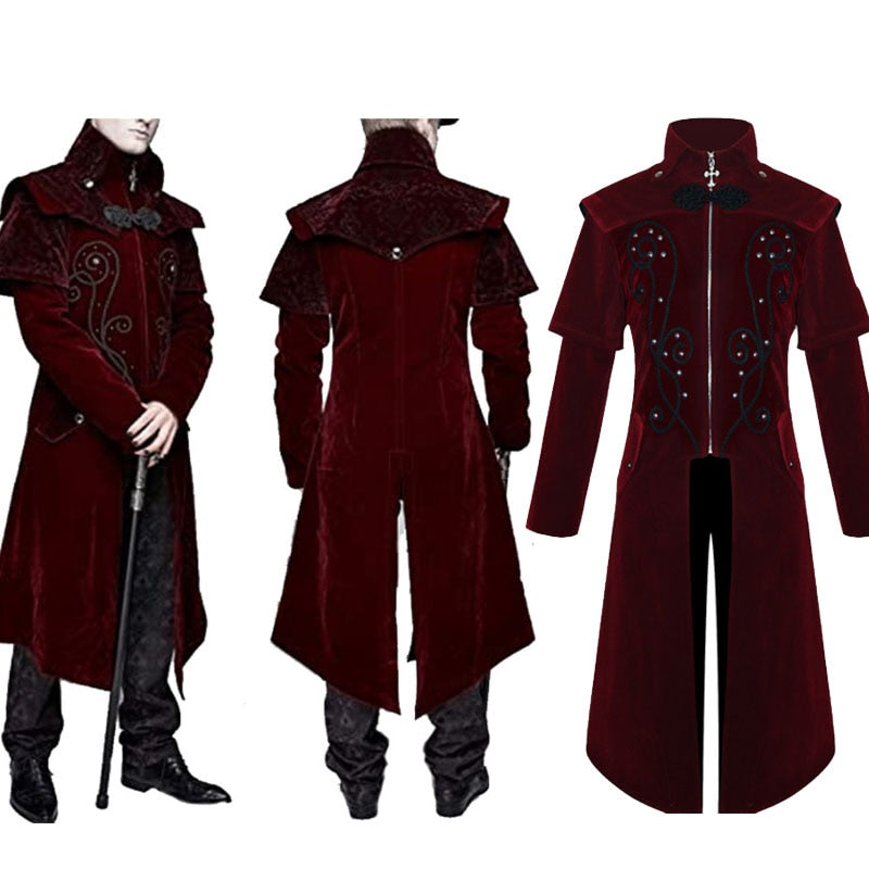 Men Medieval Steampunk Castle Vampire Devil Red Coat Cosplay Costume Middle Ages Victorian Nobles Tuxedo Suit Trench coat