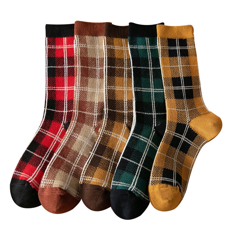 Cotton Socks Style Retro Stack Socks Thousand Bird Tartan Style Preppy Fashion Sen Department Mid-tube