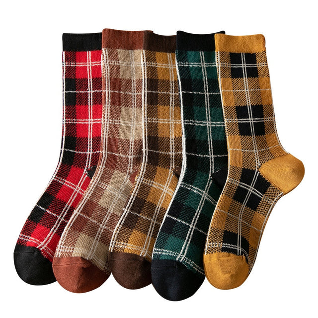 Cotton Socks Style Retro Stack Socks Thousand Bird Tartan Style Preppy Fashion Sen Department Mid-tube