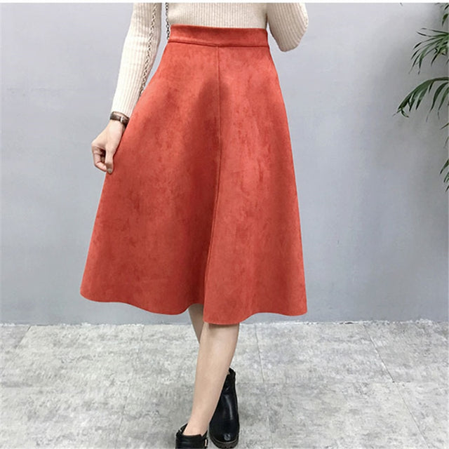 2022 Vintage Style Elastic Ladies A-Line Black Green Flare Fashion High Waist Midi Skirt