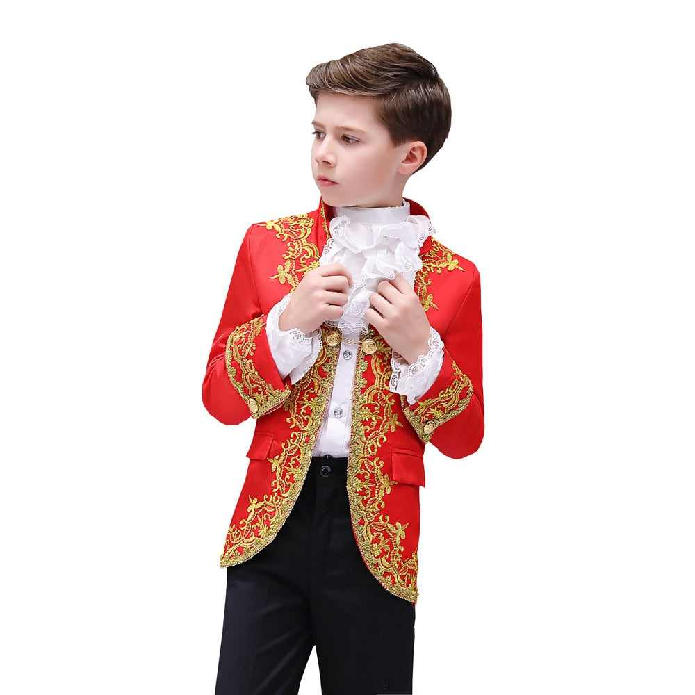 Victorian Prince Costume Blazer Suits Child Halloween Jabot Tie Outfit Military Uniform Cosplay Lace Jacket Coat Kid Boys
