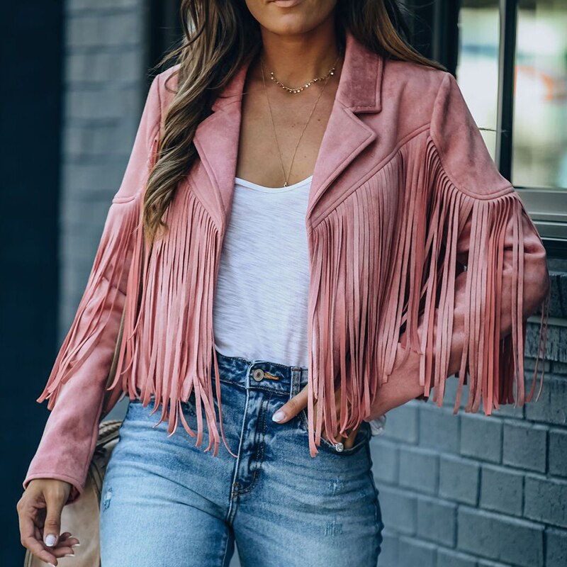 Fringe Faux Suede Jacket Women& Motorcycle Lapel Handsome Jacket Fall