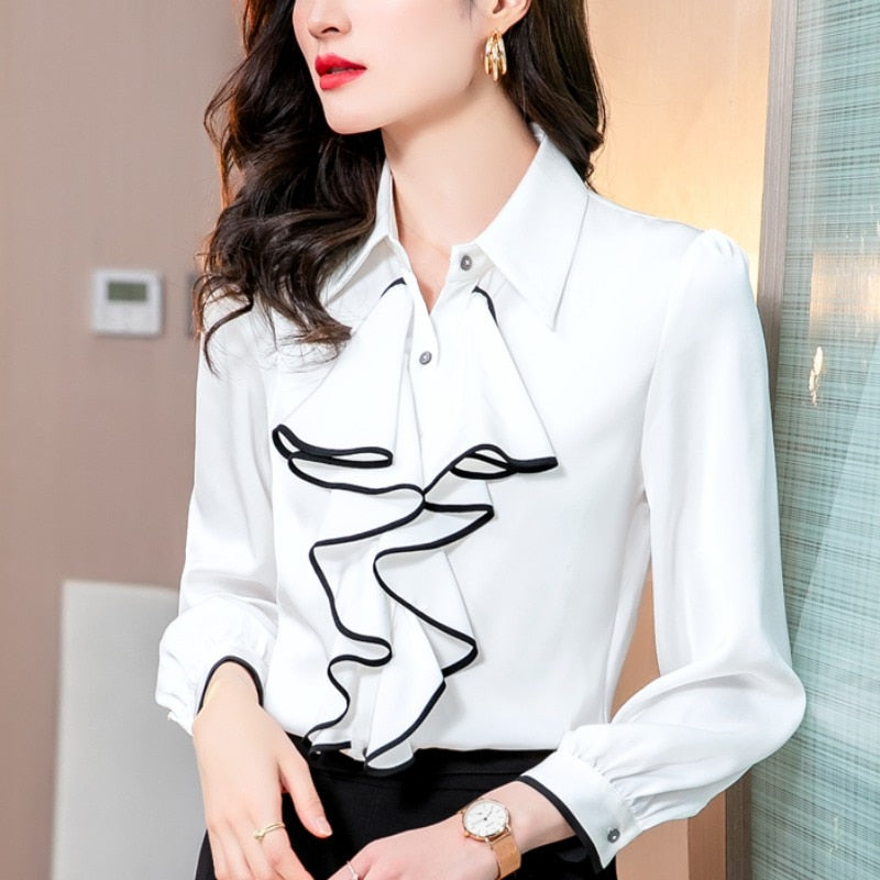Women Elegant TuxedoTops Flounce Frill Blouses Satin Silk Long Sleeve Formal Business Office Lady Work Wear Shirt