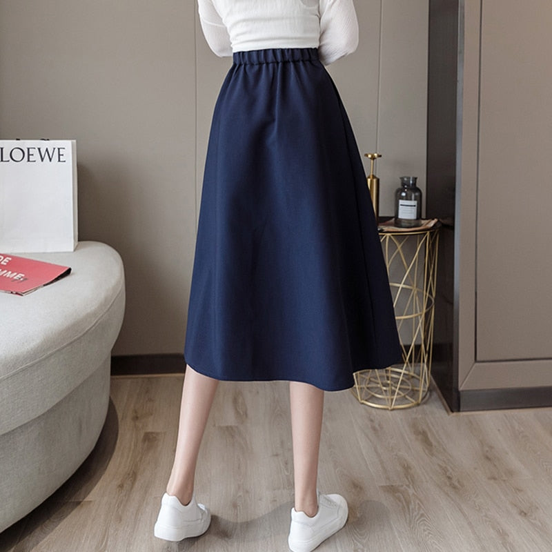Summer Elastic High Waist Office Lady A-Line Midi Skirt Femme