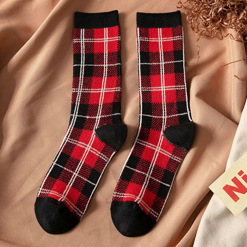 Cotton Socks Style Retro Stack Socks Thousand Bird Tartan Style Preppy Fashion Sen Department Mid-tube