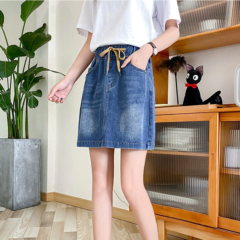 Plus Size Fashion Bottoms Elastic Waist Lace-Up Blue Jeans Summer Casual Streetwear Pockets Short Skirt
