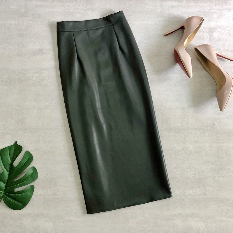Stretch Pu Leather Midi Skirts Pencil Bodycon Elegant Office Ladies High Waist Faux Skirt