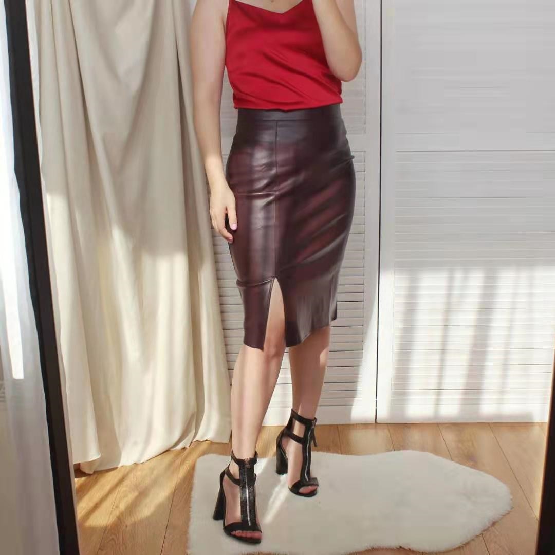 Black Front Split PU Leather Pencil Skirt Bodycon Fashion Elegant Knee Length Skirt