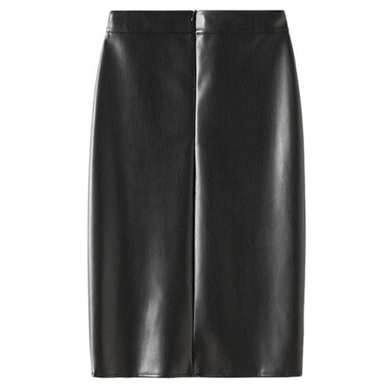 Black Front Split PU Leather Pencil Skirt Bodycon Fashion Elegant Knee Length Skirt