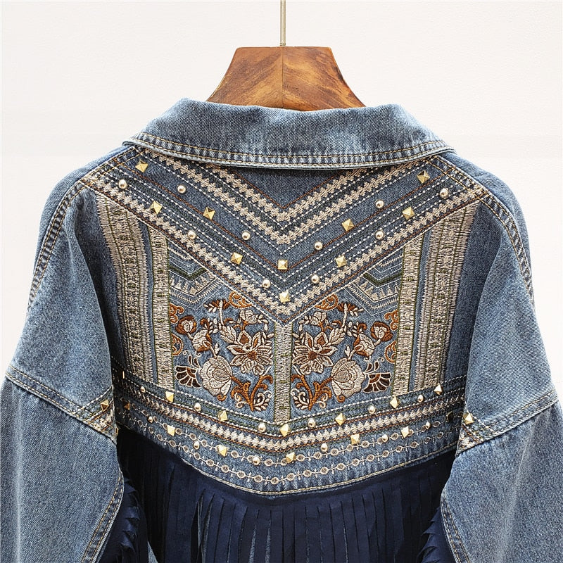 Denim Jacket Floral Embroidery Suede Fringe Loose Chaquetas Mujer Coat