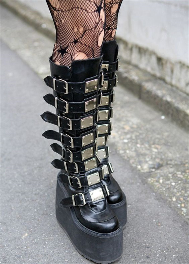 Gothic Vampire Halloween Cosplay Punk Buckle Street Platform Wedge High Heel Boots Women Shoes