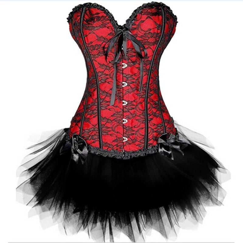Gothic Corsets Dress Satin Lingerie Lace Top  G-string  Skirt Bustier