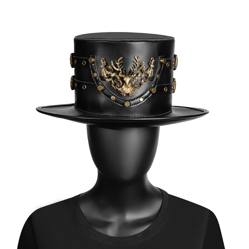 Plague Doctor Hat PU Leather Black Flat Top Witch Hat