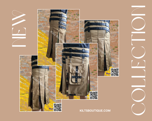 Khaki Camo Adjustable Utility Kilt for Men With Front Detachable Pocket