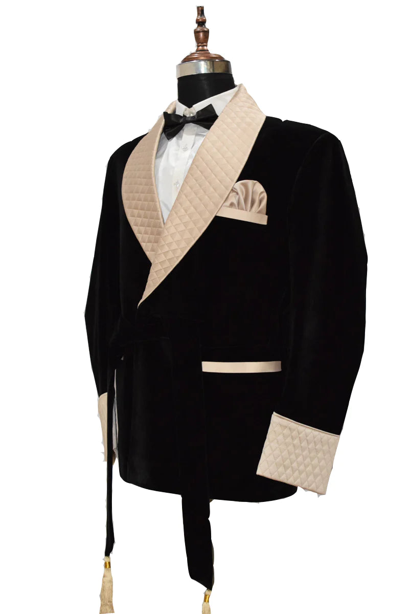 Men's Black Smoking Jackets Luxury Stylish Gold Quilted Blazer