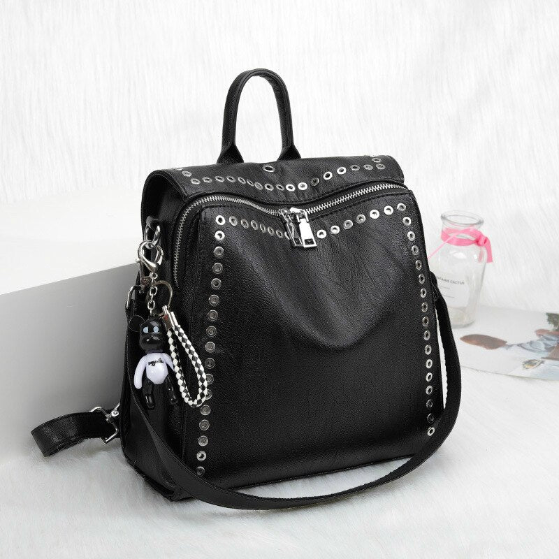Punk Style Black Fashion Backpack Soft PU Leather Rivet Backpacks Women