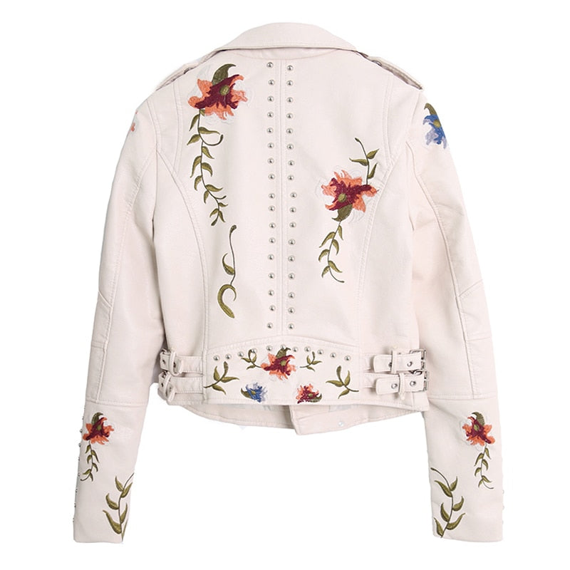 Floral Print Embroidery Faux Soft Leather Jacket Coat  Turn-down Collar Casual Pu Motorcycle Black