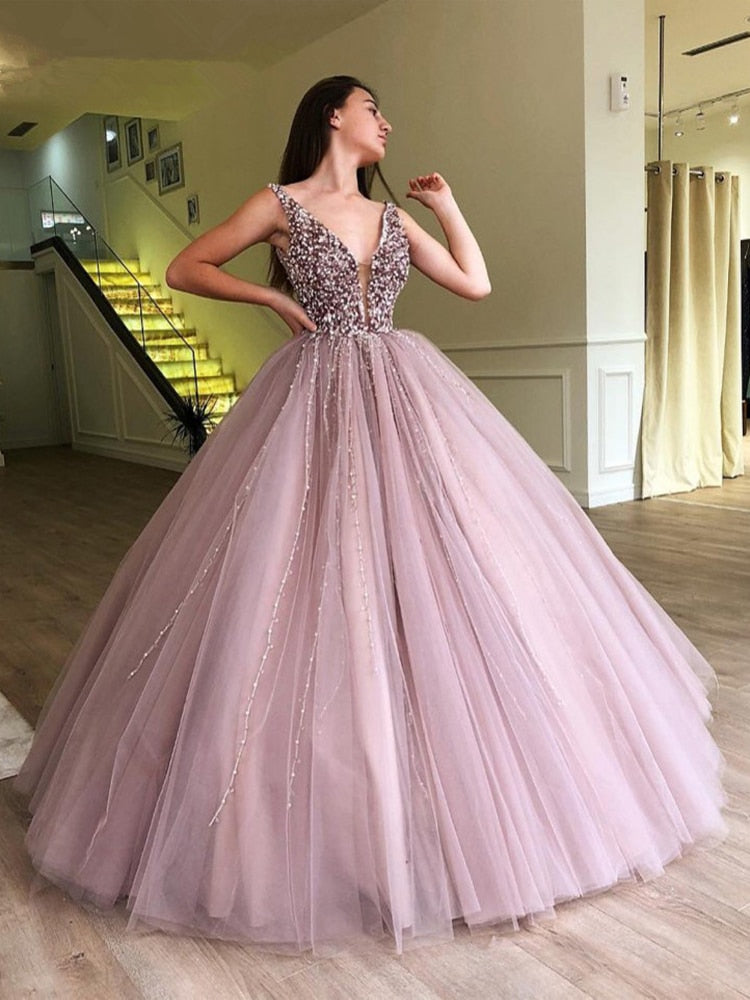 V-Neck Ball Gown Quinceanera Dresses Sparkly Beading Tulle Formal Masquerade Cinderella Birthday 15th Party Gown
