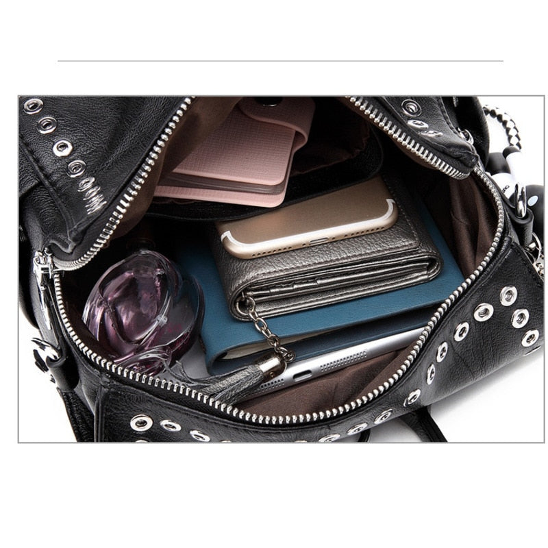 Punk Style Black Fashion Backpack Soft PU Leather Rivet Backpacks Women
