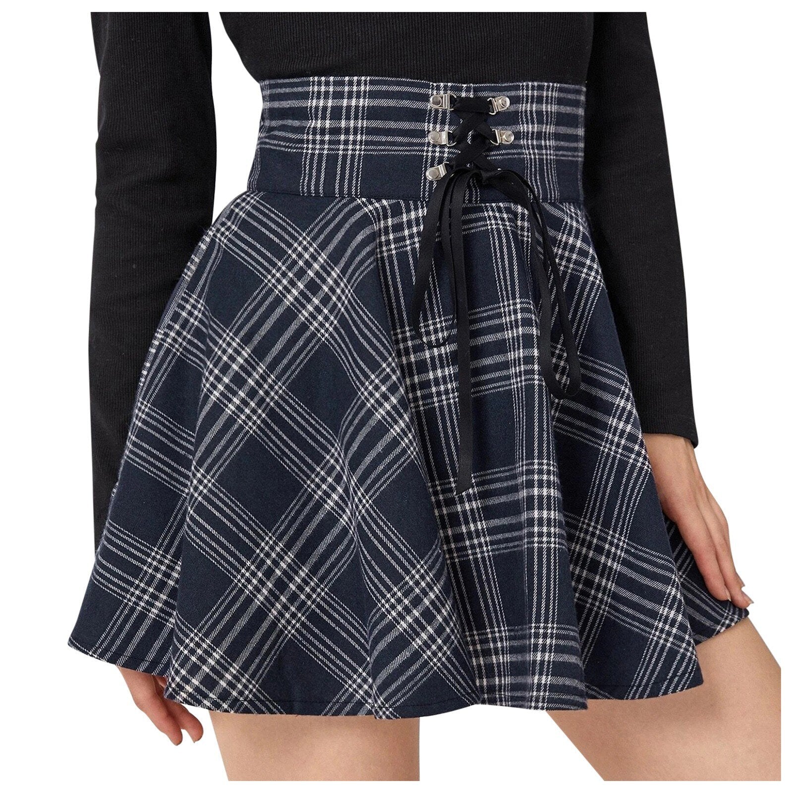 Vintage Pleated Skirt Mini Skirts Retro Grunge Ladies Plaid Lace Up Skirt E Girl Punk Skater
