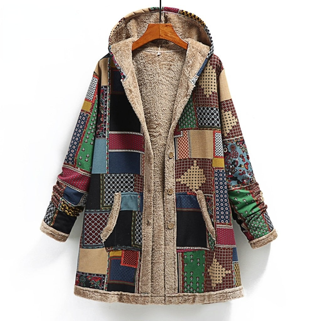 Winter female warm coat print thick fleece hooded long Coat with pocket