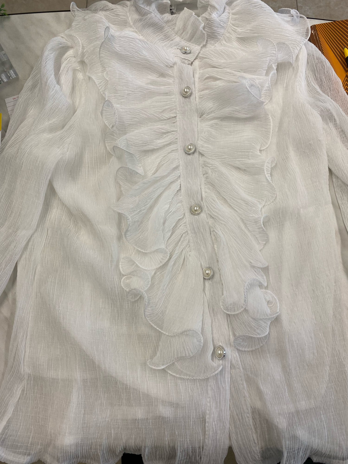 Woman Chic Long Sleeve Stand Collar Casual Loose White Tops Lace Ruffles