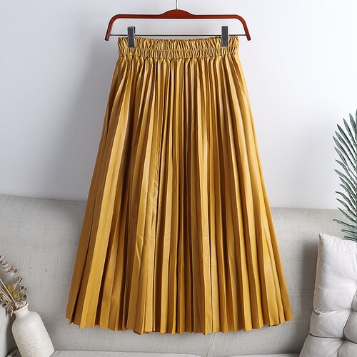 Elegant Umbrella Midi Skirt Faux PU Leather Pleated Skirts