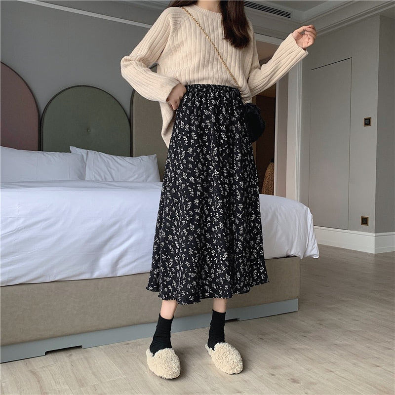 Floral Print A-line Pleated Skirts Summer Women Drawstring Elastic Waist Skirt
