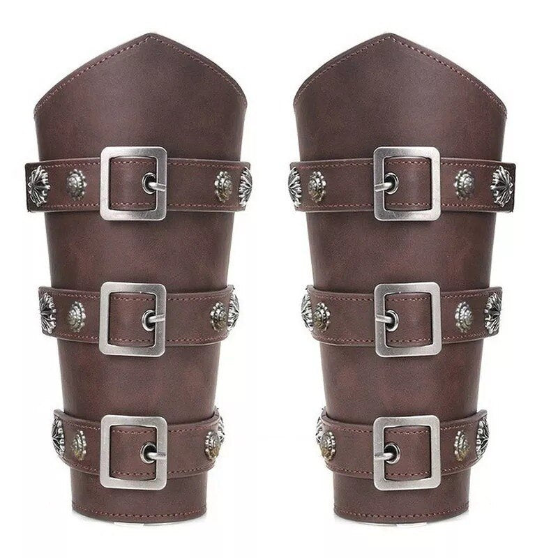 Medieval Viking Warrior Leather Arm Guards Armor Metal Rivet Buckle Bracers Gothic