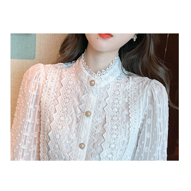 Women White Lace Blouse Shirt Women Tops Long Sleeve Blouse