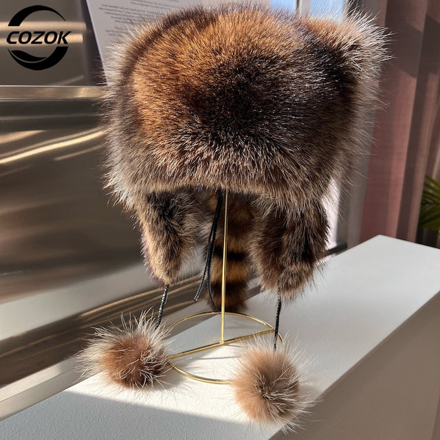 Raccoon Fur Cap Tail Women Natural Raccoon Fur Caps Ushanka Hats Thick Warm Ears Fashion Bomber Pom Pom Hat