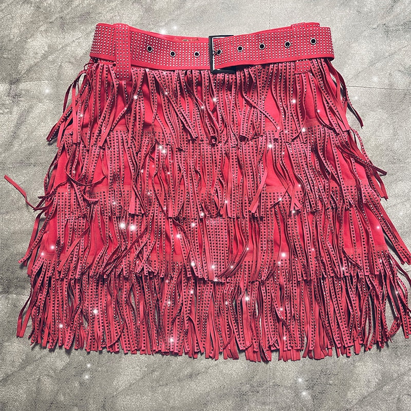 Women's Skirt High Waist Belt Multi-Layer Short  Heavy Drilling Rhinestones Fringed Skirt with Cake A Line