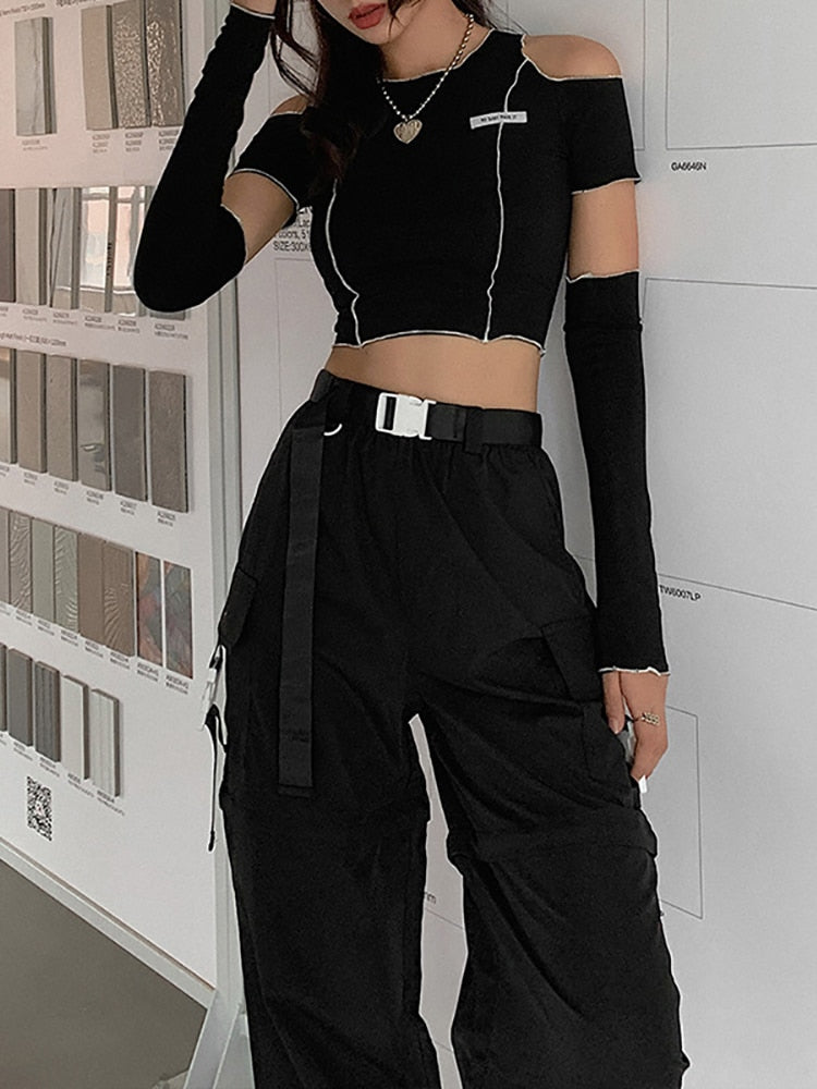 Goth Dark E-girl Style Patchwork Black T-shirts Gothic Open Shoulder Sleeve