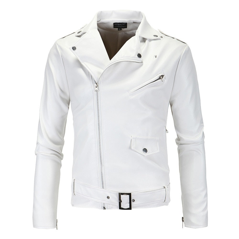 Men's Leather Jackets White Casual Lapel Slim Fit Diagonal Zipper Motorcycle PU Leather Jacket