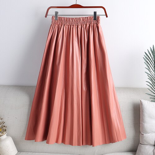 Elegant Umbrella Midi Skirt Faux PU Leather Pleated Skirts
